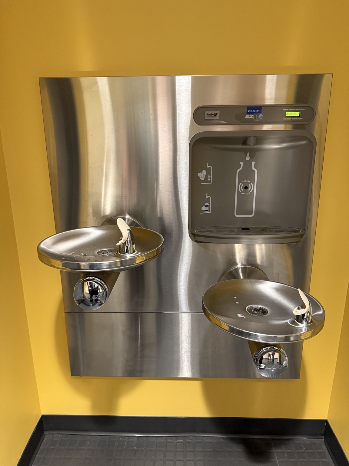 Stainless steel Elkay water bottle filling station with two drinking fountains mounted on a yellow wall at College of the Desert